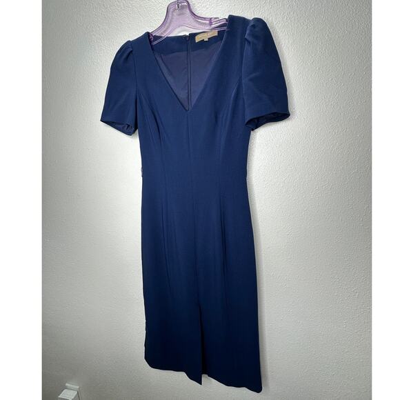 Michael Kors Navy Blue V-Neck Cap Sleeve Front Slilt Fitted Midi Dress 2 - Picture 2 of 14